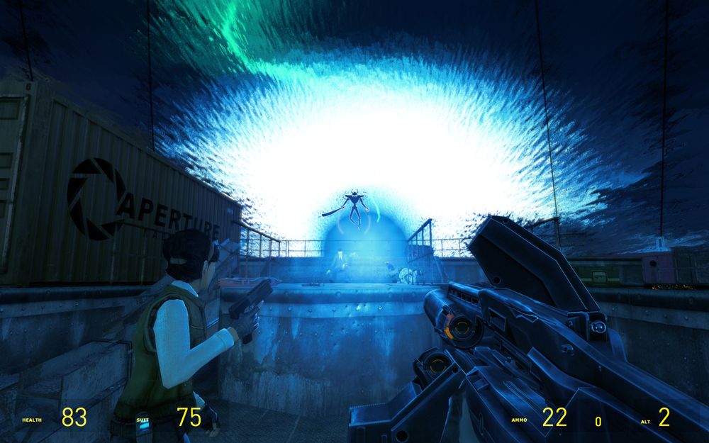 A fake Screenshot for the Cancelled game: Half Life 2: Episode 3 which contains a make believe boss battle with the characters Gordon Freeman and Alyx Vance fighting The Roaring Knight from the popular RPG, Deltarune upon the time dilating research vessal, the Borealis.

Half Life's G-man is also depicted here sitting down, which is something very out of character for him which is meant to imply the Roaring knight has possibly knocked him down temporarily 