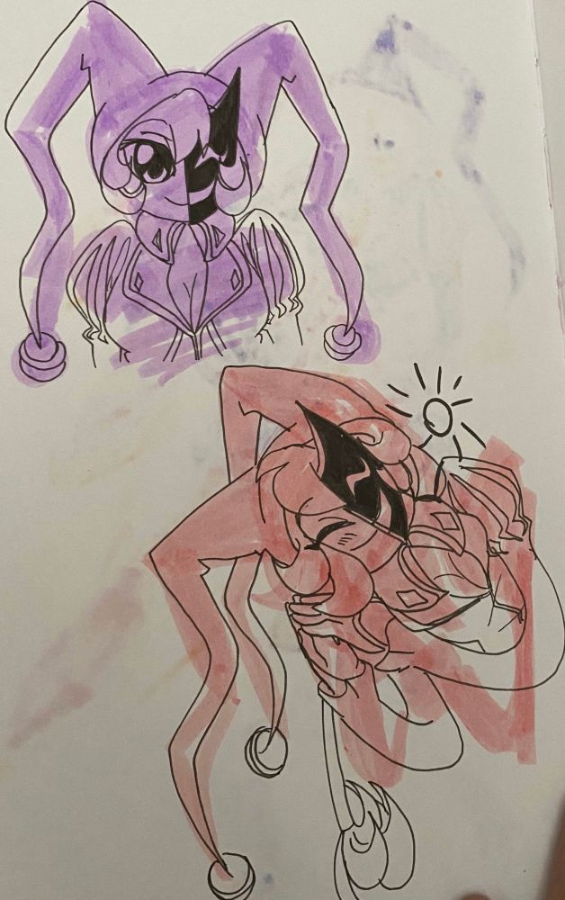 Two simple torso up drawings of Jest smiling. Her face is still obscured by her mask.