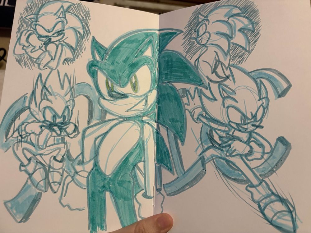 Sonic the Hedgehog, drawn in blue highlighters in various small poses, imposed over a bold text block of his name 
