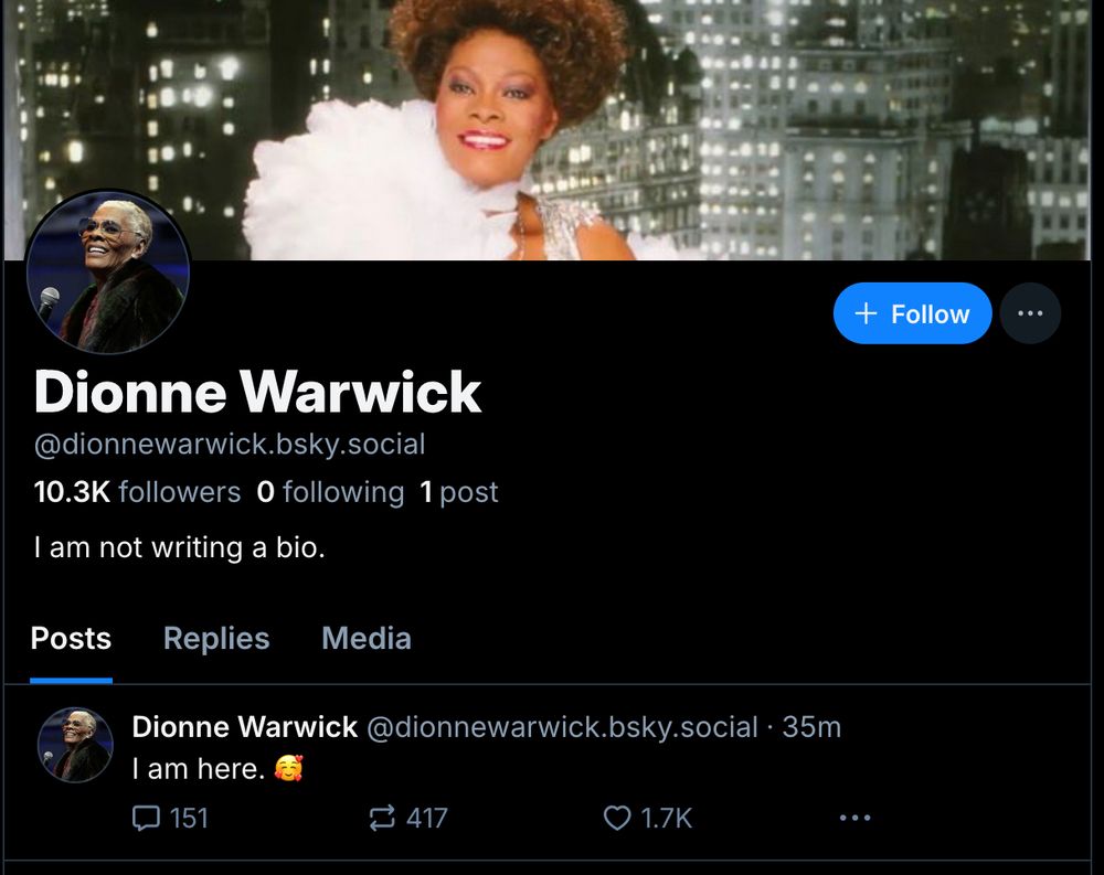The image is a screen shot of Dionne Warwick's profile page. Her bio says, "I'm not writing a bio."
