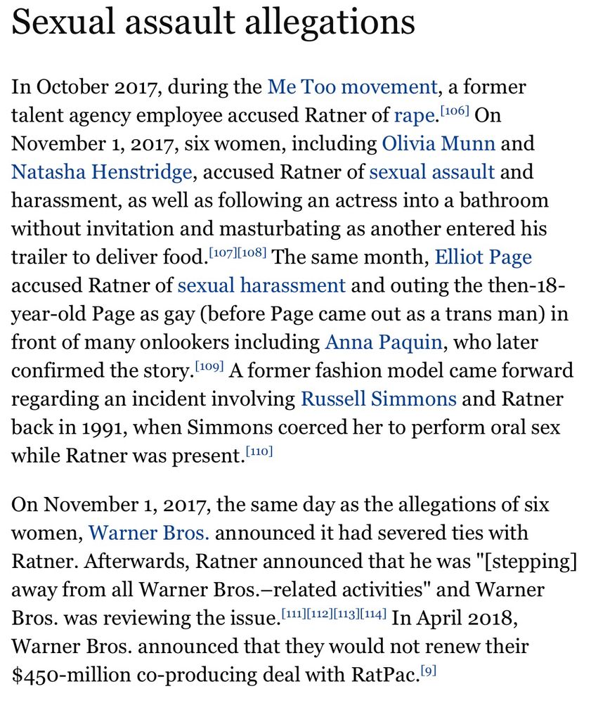 The sexual assault allegations sections of Brett Ratner’s Wikipedia page