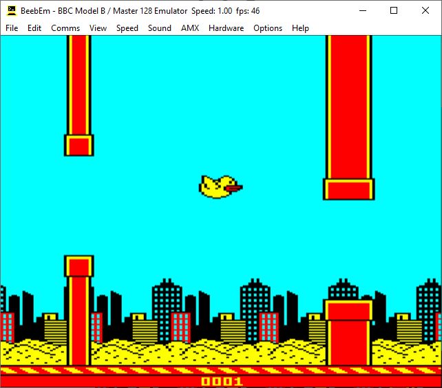 BeebEm BBC micro emulator running 0xC0DE's Flappy Bird game