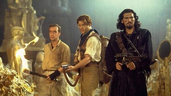 The Mummy Returns (2001): from left to right, Jonathan Carnahan (John Hannah), Rick O'Connell (Brendan Fraser), and Ardeth Bay (Oded Fehr)