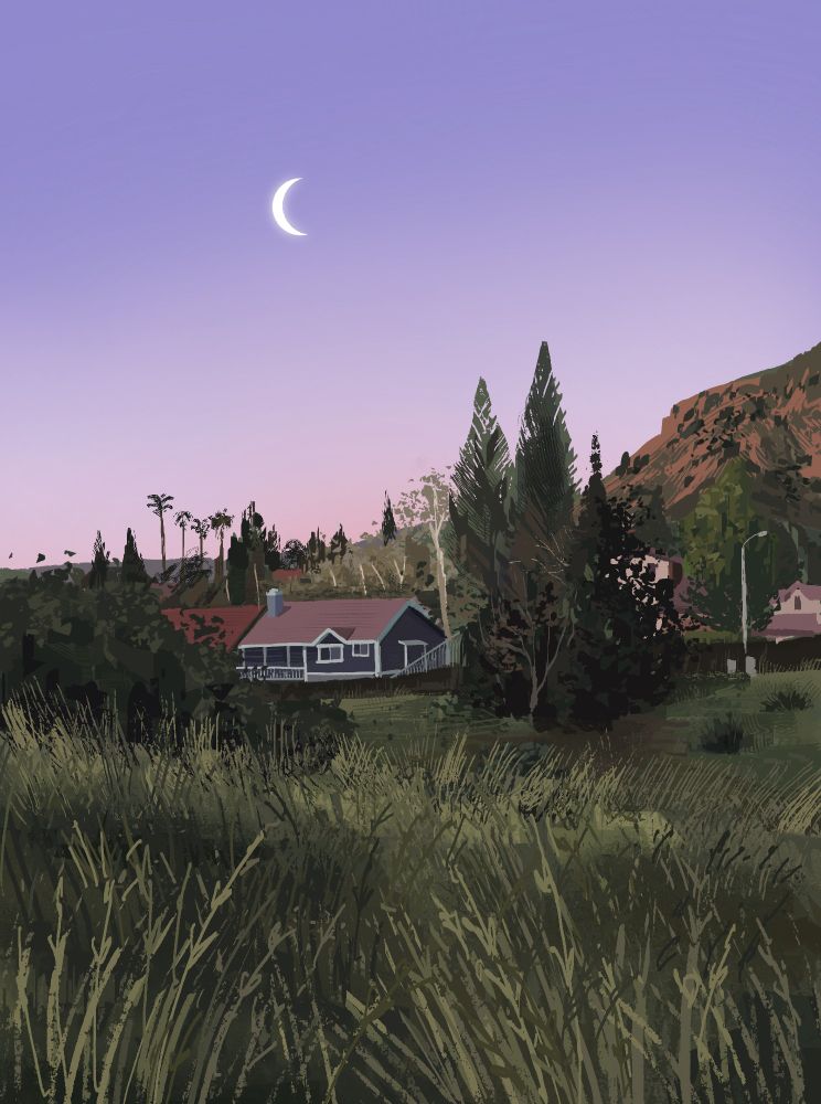 a grassy field onlooks a few houses scattered on a hill