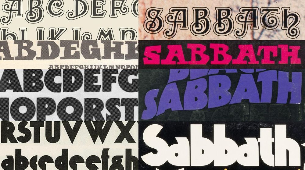 A collage of typographic details from Black Sabbath’s first four albums, shown alongside cropped specimens of the typefaces used.