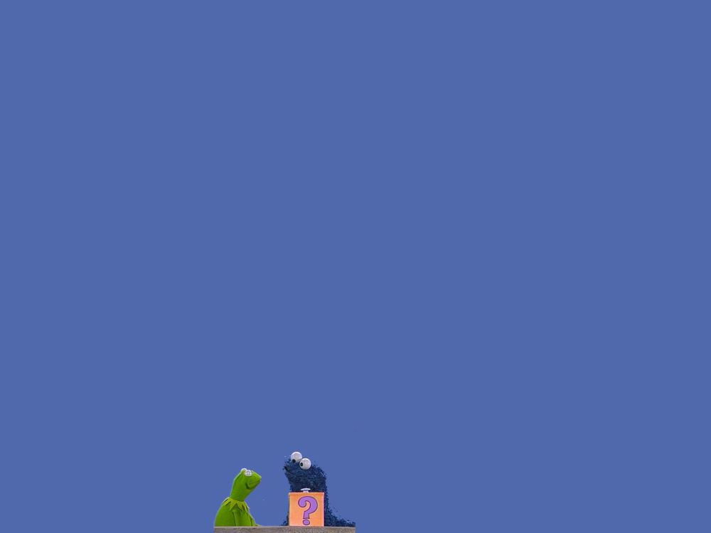 Kermit and Cookie Monster in front of a large blue background. They are much smaller in comparison.