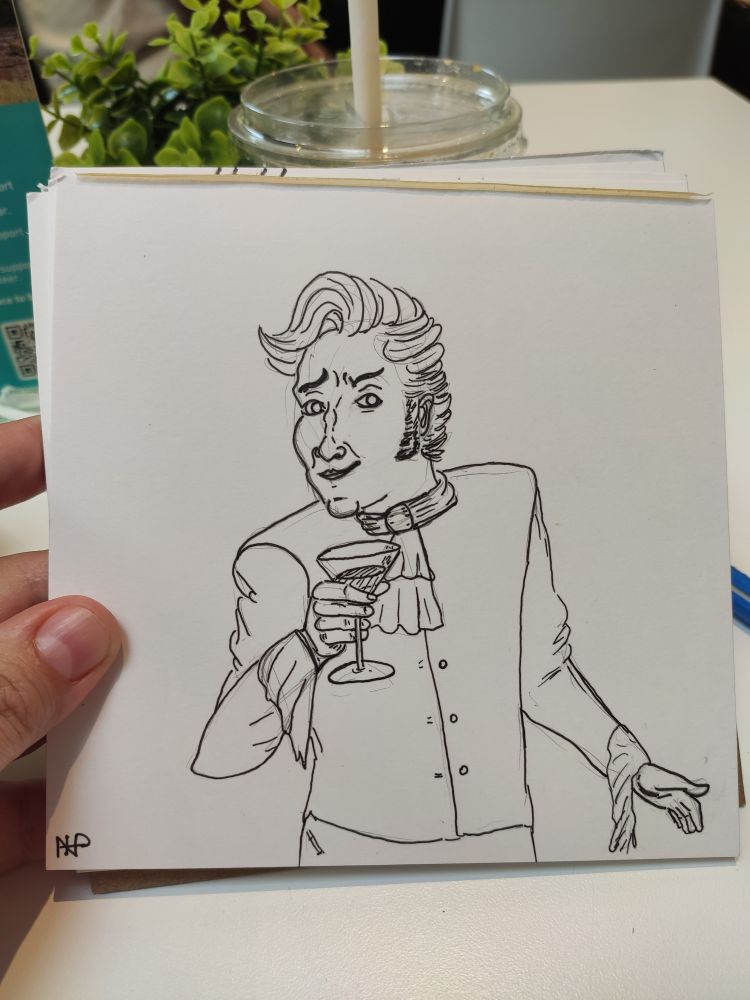 Stede with a smirk and cocktail.