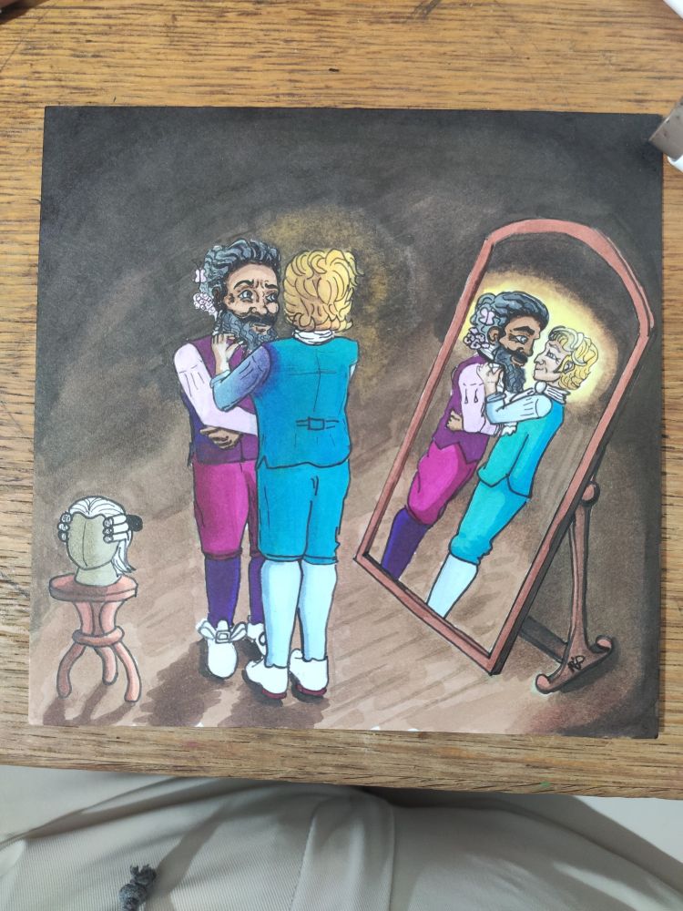 An alcohol markers drawing of Stede Bonnet from OFMD tying Ed's tie before the french ball. The POV is from behind Stede and on the right is a mirror that shown them both on profile. Steve wig is on its stand on a small table at the bottom left of the screen.