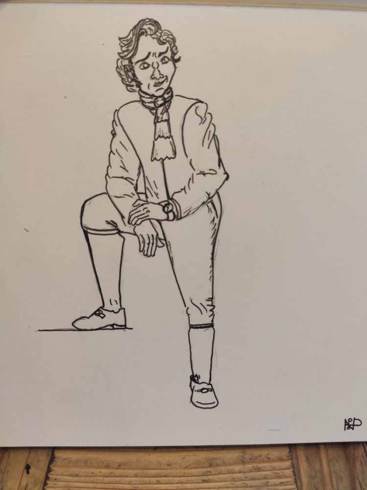 A line drawing of Stede Bonnet with his right leg up and his arms resting on his lap.