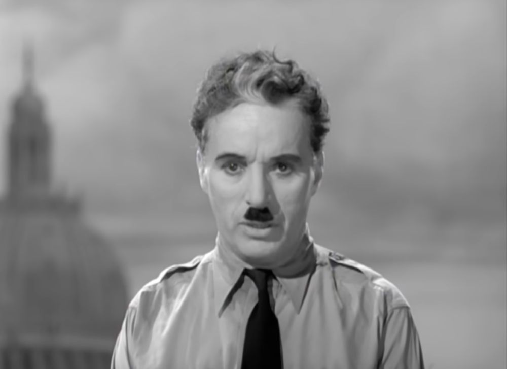 Chaplin as Hynkel addresses the camera
