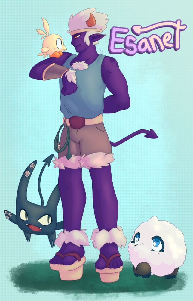 An Osamodas from the series Wakfu. This is Esanet, dressed in a simple tanktop and wearing khaki shorts with a belt and ruffled cuffs. He's wearing geta sandals and has a whip in a belt loop. Perched on his arm is a round, bird-like creature called a Tofu; to the viewer's right is a small sheep-like creature called a Gobball, and to the left is an imp-like creature known as a Gobgob. Esanet is making eye contact with the Tofu and smiling contently. His other arm is behind him.