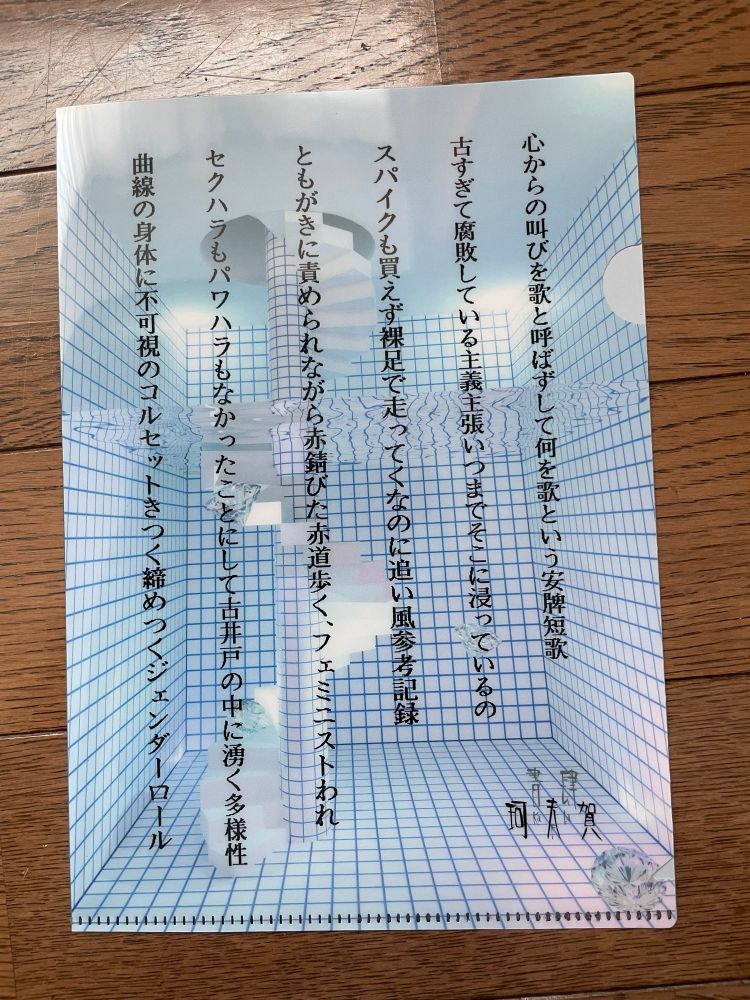 クリアファイル裏面
心からの叫びを歌と呼ばずして何を歌という安牌短歌
古すぎて腐敗している主義主張いつまでそこに浸っているの
スパイクも買えず裸足で走ってくなのに追い風参考記録
ともがきに責められながら赤錆びた赤道歩く、フェミニストわれ
セクハラもパワハラもなかったことにして古井戸の中に湧く多様性
曲線の身体に不可視のコルセットきつく締めつくジェンダーロール