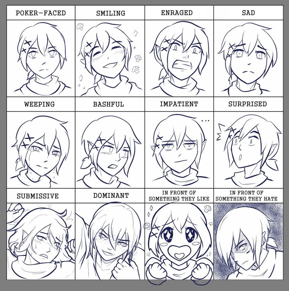 Nara's various expressions: Poker-faced, Smiling, enraged, sad, weeping, bashful, impatient, surprised, submissive, dominant, in front of something they like, in front of something they hate. 