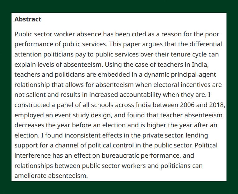 BJPolS abstract discussing the impact of absenteeism in the public sector on political accountability and service delivery, focusing on a case study from India between 2006 and 2018.