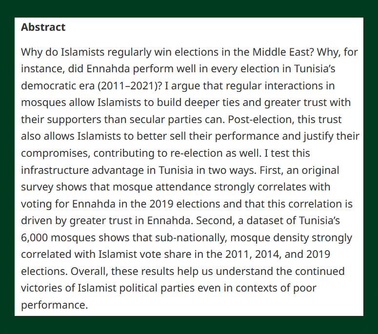 BJPolS abstract discussing the role of mosques in Tunisian elections, highlighting the impact of Islamists and measuring trust in the political system through mosque attendance data, correlating these factors with electoral successes in 2011, 2014, and 2019.