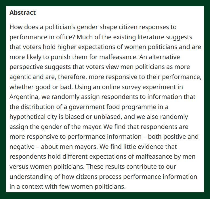 BJPolS abstract discussing the potential influence of a politician's gender on voter expectations and perceptions in Argentina, focusing on responses from an online survey experiment about a hypothetical city mayor.