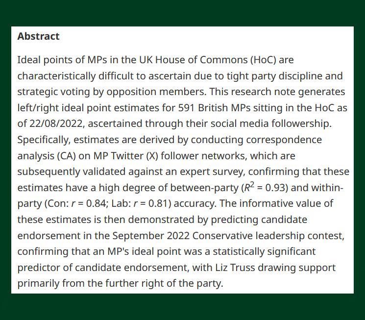 BJPolS abstract discussing an abstract from a statistical analysis on MPs in the UK House of Commons and their endorsements of Liz Truss based on social media following.