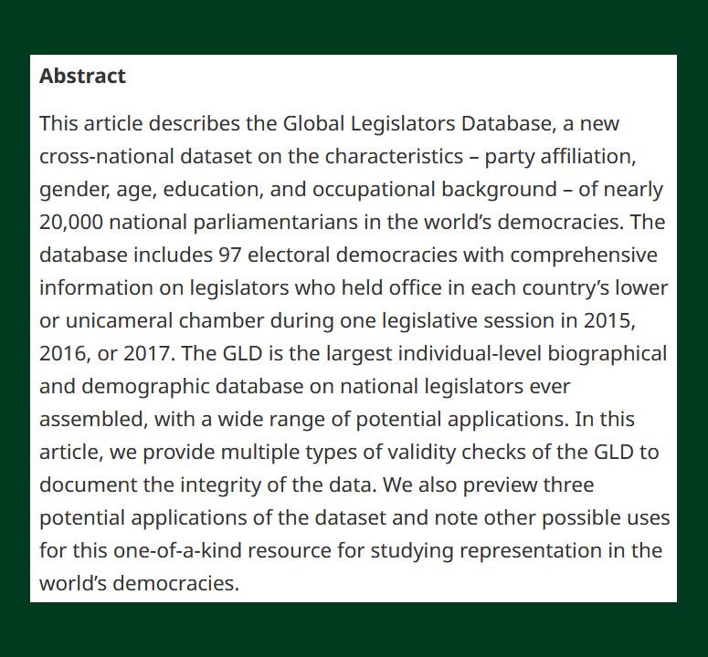 BJPolS abstract describing the Global Legislators Database, which includes demographic and biographical data on legislators from nearly 100 parliamentary democracies worldwide.
