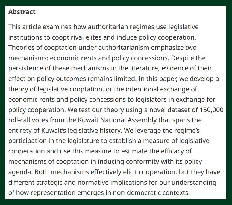 BJPolS abstract discussing how authoritarian regimes use legislative institutions to cope with economic and policy challenges, using the example of Kuwait's National Assembly and collaborative policy mechanisms.