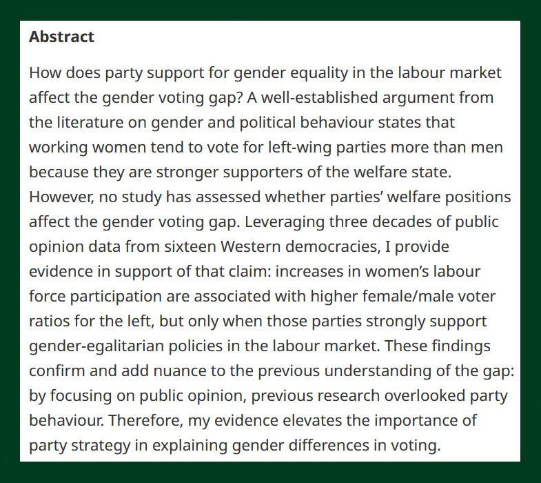 BJPolS abstract discussing how party support and gender equality in the labor market affect the gender voting gap, referencing multiple studies and data from the last three decades.