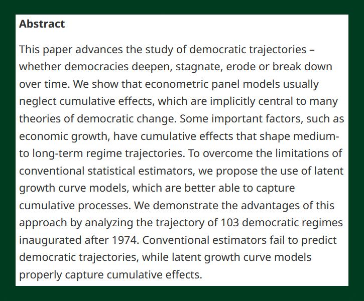 BJPolS abstract detailing the study of democratic regimes and economic development patterns, focusing on the use of latent growth curve models to analyze changes in 103 democratic nations since 1974.