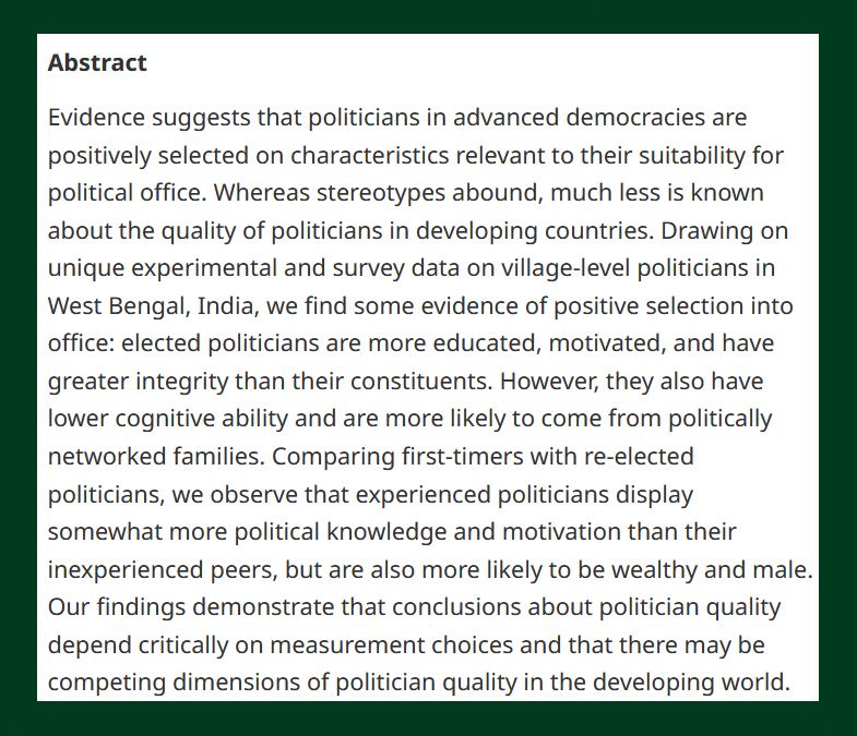 BJPolS abstract discussing the selection and qualities of village-level politicians in West Bengal, India, comparing them with their more urban counterparts, focusing on education, motivation, and family networks.