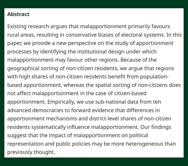 BJPolS abstract discussing regional biases in electoral systems due to population distribution and its impact on democracy, presented in a green bordered box with a white background.
