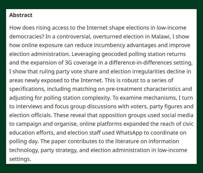 BJPolS abstract discussing the impact of internet access on reducing incumbent advantages in elections in low-income democracies with a specific case study of Malawi.