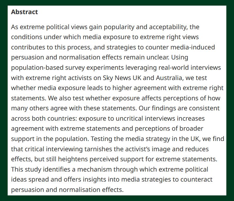 BJPolS abstract discussing the effects of extensive media exposure on public perceptions and normalization. It references specific research surveys conducted on Sky News UK and Australia, analyzing changes in public attitudes and policy effects due to media strategies.