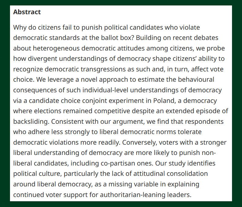 BJPolS academic abstract discussing the implications of democratic deconsolidation and voter behavior on political culture in Poland.
