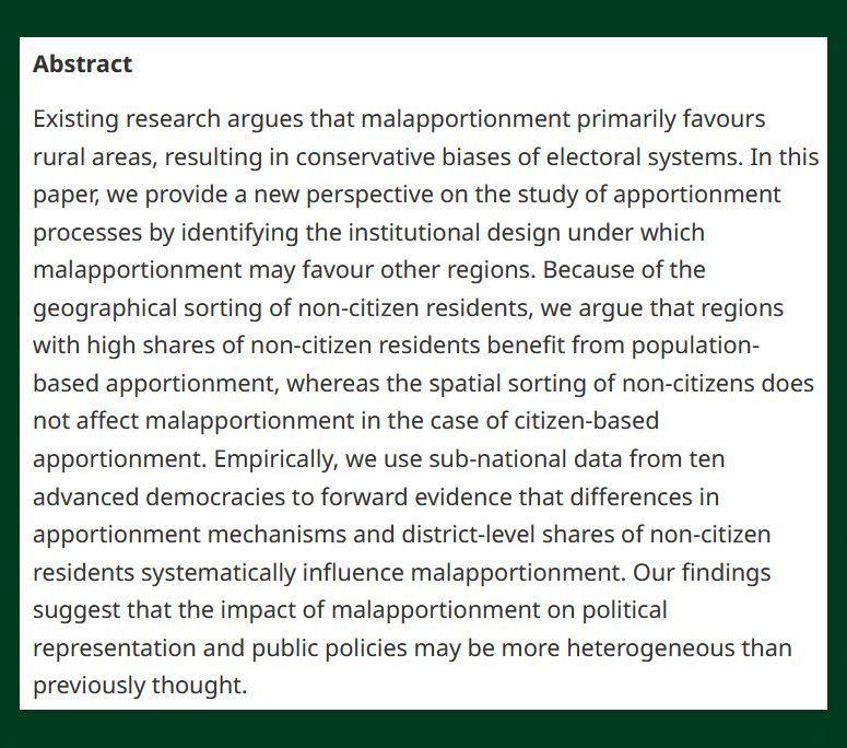 BJPolS abstract discussing regional biases in electoral systems due to population distribution and its impact on democracy, presented in a green bordered box with a white background.