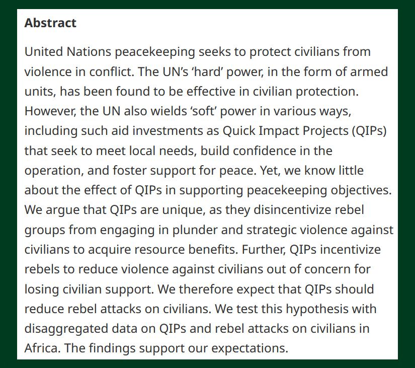 BJPolS abstract of a scholarly article discussing the effectiveness of Quick Impact Projects (QIPs) by the United Nations in reducing civilian violence in conflict zones in Africa.