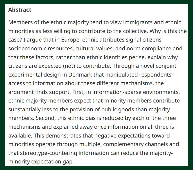 BJPolS societal views towards immigrants and ethnic minorities in Europe, focusing on resource contribution and compliance with societal norms. The text discusses a study in Denmark regarding information manipulation and its effects on societal perceptions.