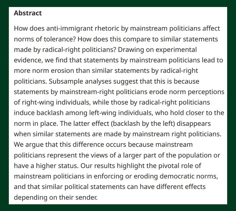 BJPolS abstract discussing the dynamics of mainstream and radical political rhetoric regarding anti-immigrant policies, highlighting differences in societal responses and enforcement norms based on the source of the rhetoric.