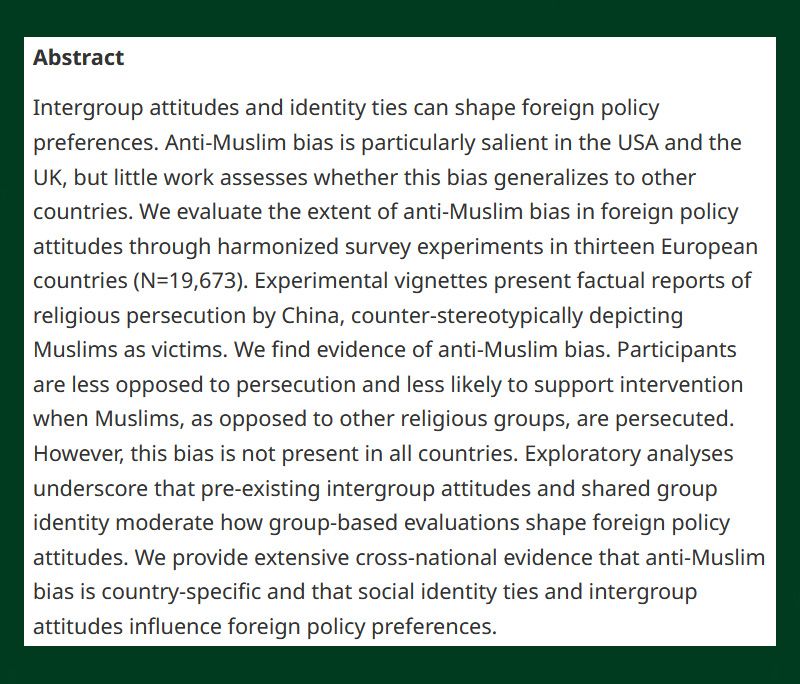 BJPolS abstract for a scholarly article discussing how anti-Muslim biases in various countries, including the USA and the UK, affect foreign policy attitudes and perceptions of religious persecution.