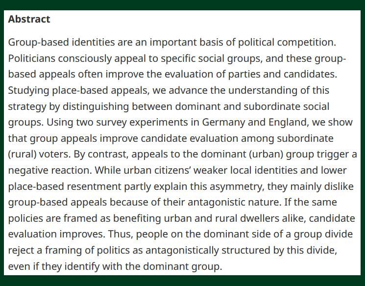BJPolS abstract discussing group-based identity surveys in Germany and England, analyzing how politicians' appeals to specific social groups impact voters' perceptions and behaviors.