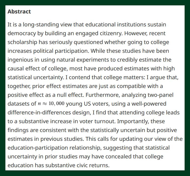 BJPolS abstract from a scholarly article discussing the impact of higher education on civic engagement, suggesting that attending college leads to a significant increase in voter turnout and proposing a positive correlation with sustained civic returns.