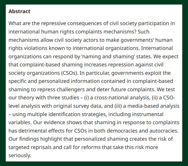 BJPolS abstract describing a study on the consequences of civil society participation in international human rights complaints mechanisms, specifically focusing on the effectiveness of shaming and repressing strategies by civil society organizations (CSOs). The study uses three original surveys and data analysis to explore government responses to CSO strategies, highlighting potential risks associated with personalized shaming tactics.