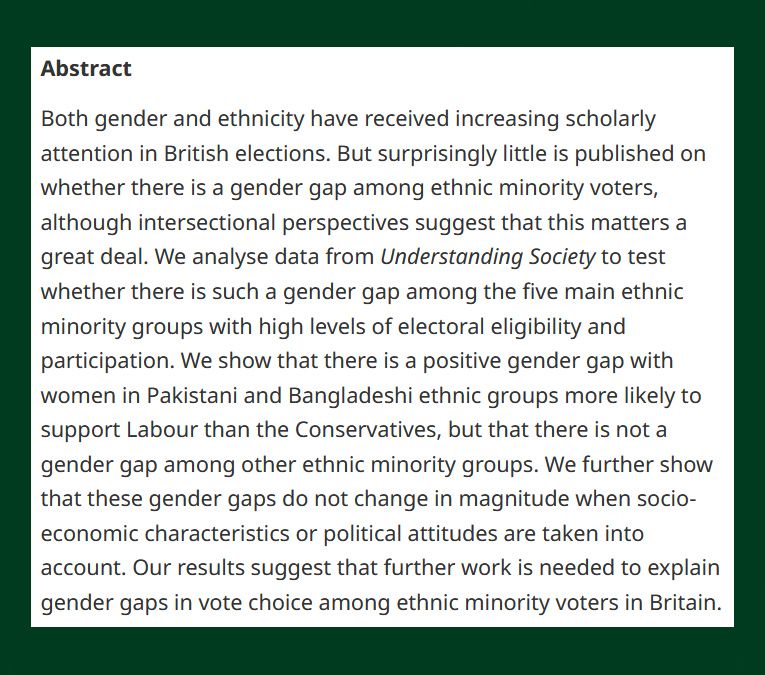 BJPolS abstract discussing the gender gap in political participation among ethnic minority groups in Britain. The study uses data from "Understanding Society" to analyze this issue.