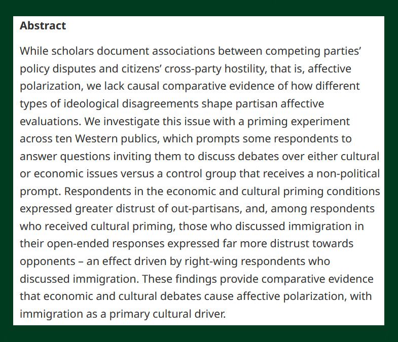 BJPolS abstract discussing scholars' investigation into polarization and logical comparisons across party entities, cultural priming in economic discussions, and the effect of cultural debates on political discourse.