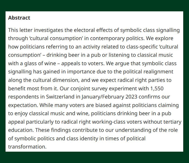 BJPolS abstract discussing the role of symbolic right-wing politics in cultural consumption, specifically referencing wine and classical music in pubs, based on a survey from Switzerland with 1,550 respondents.
