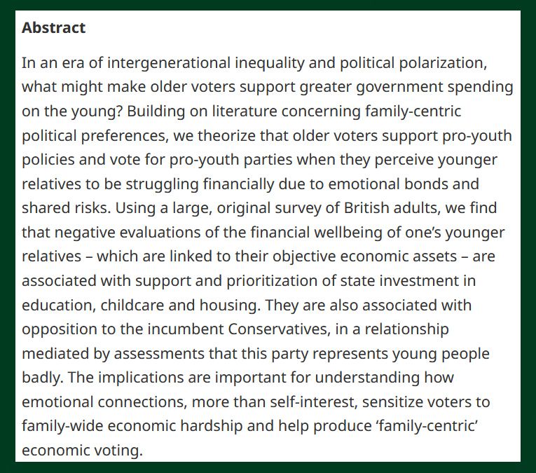 BJPolS abstract discussing the financial and political polarization, the support for government spending on welfare measures, and the struggles of younger individuals and families in managing economic hardships, possibly in the context of British assets and family-centric economical approaches.