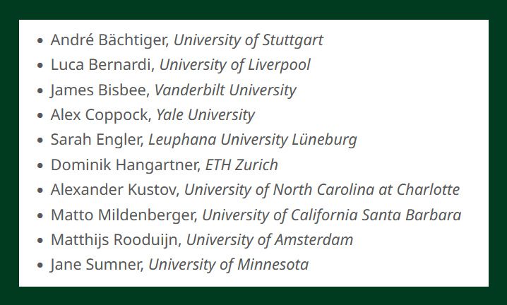 List of names and affiliations with a green border