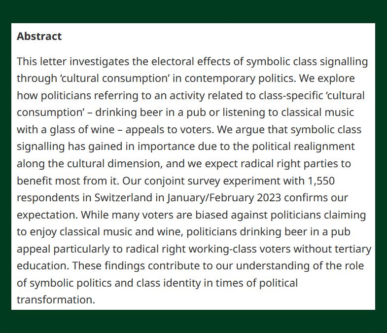 BJPolS abstract discussing the role of symbolic right-wing politics in cultural consumption, specifically referencing wine and classical music in pubs, based on a survey from Switzerland with 1,550 respondents.