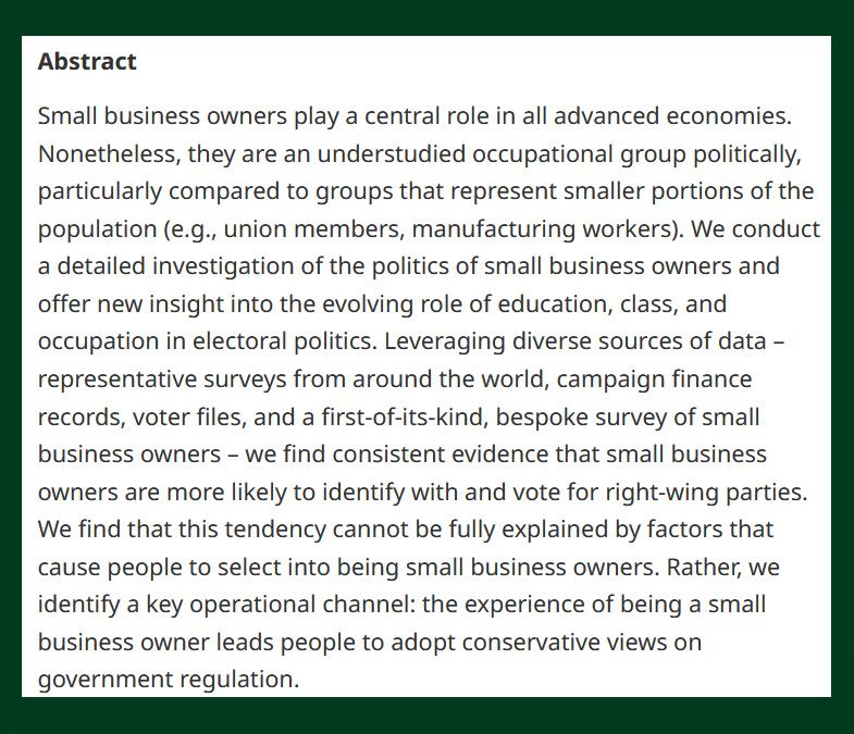 BJPolS abstract discussing the political role of small business owners in advanced economies, including the impact on elections and policy.