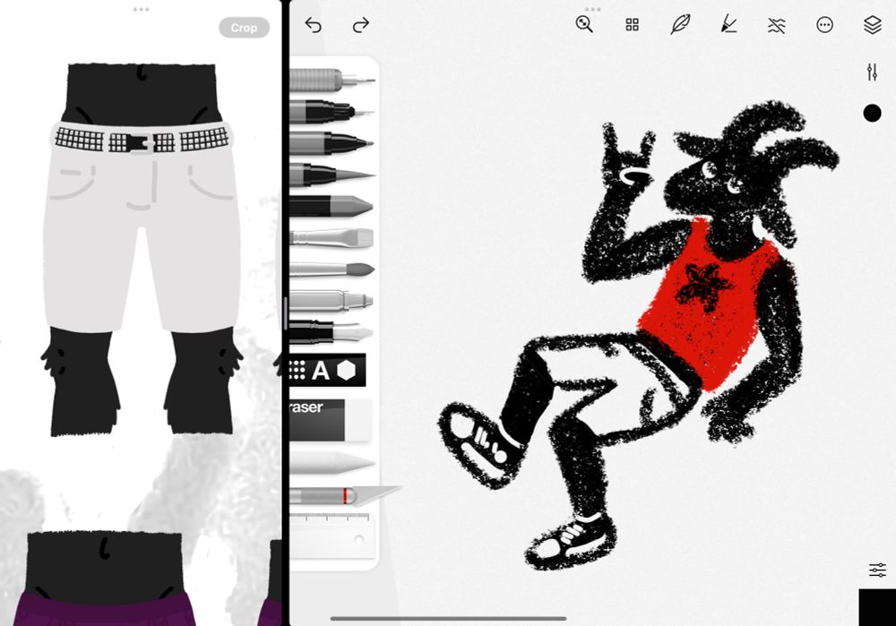 Crayon sketch of a black goat fursona wearing a red tank top and white shorts. Goat is making a “rock on” gesture with one hand.