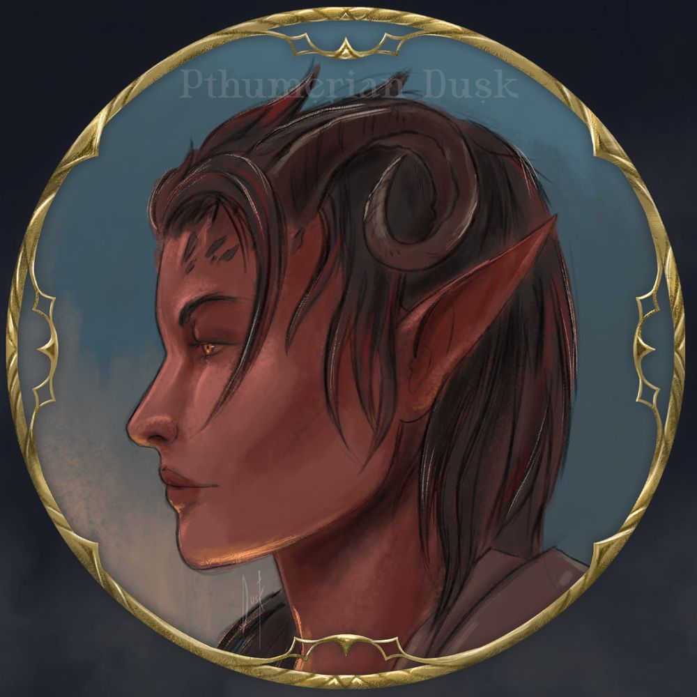 A round golden frame with a portrait in side profile of Karlach, from baldur's gate 3