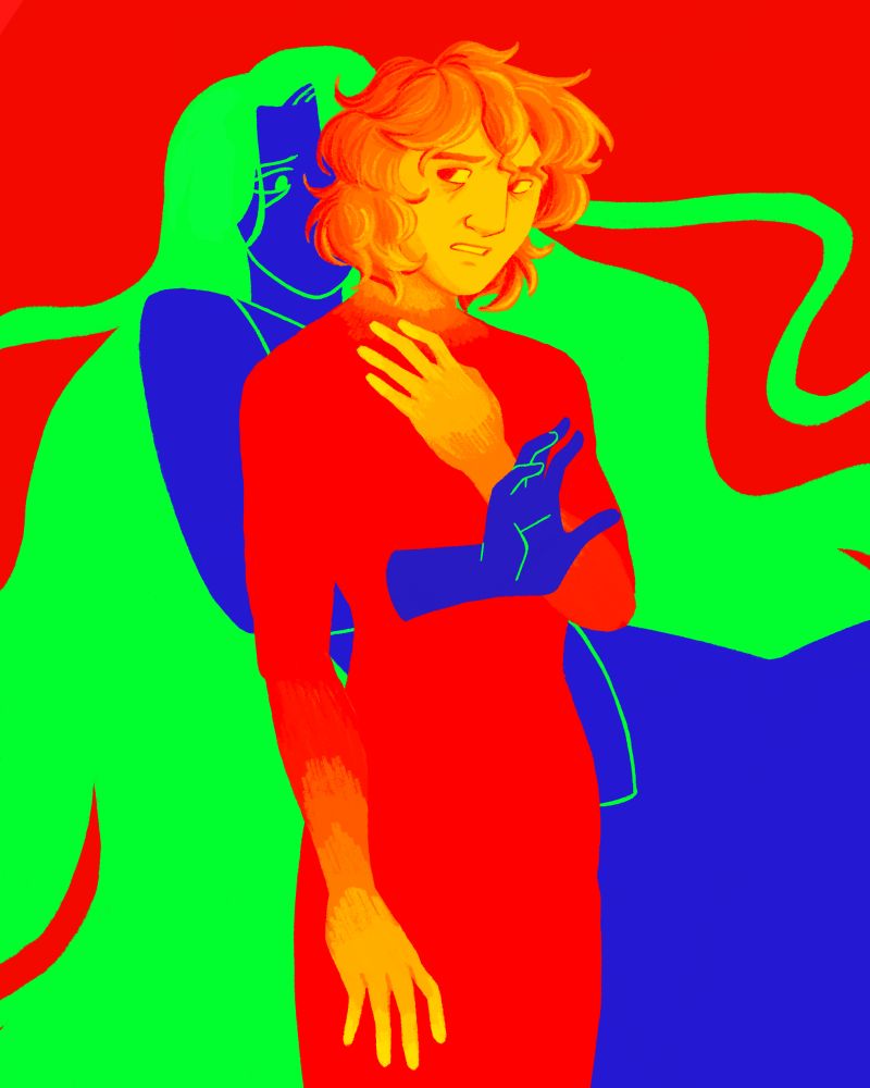 A floating green and blue woman phasing her hand through the midsection of a red silhouetted bryony whos face and hands are only visible in yellow hues. The background is the same red as Bryony.