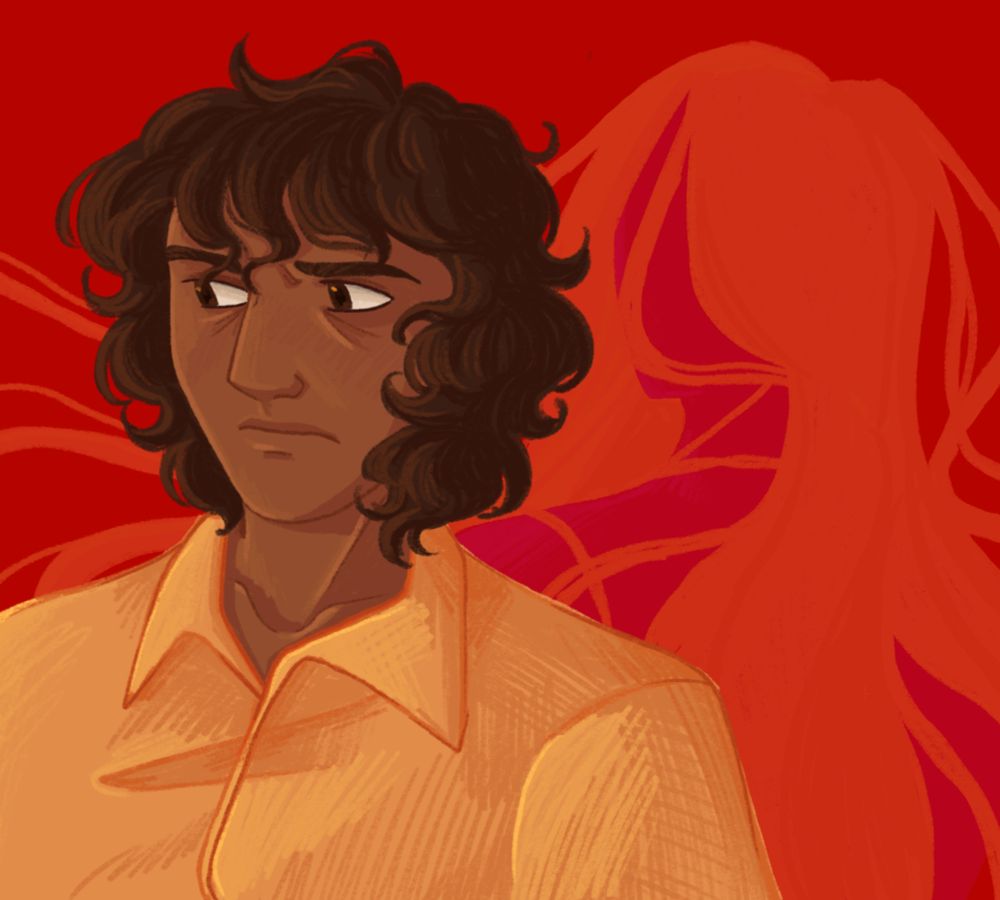 A brown haired woman staring concerningly to the left in an orange collared shirt. A transparent apparition is behind her to the right, her hair is blowing to the left and obscuring her face. The background is bright red.