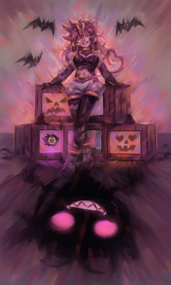 Kohiato standing in front of pumpkin like tv monitors with a large shadow on the ground revealing her true form